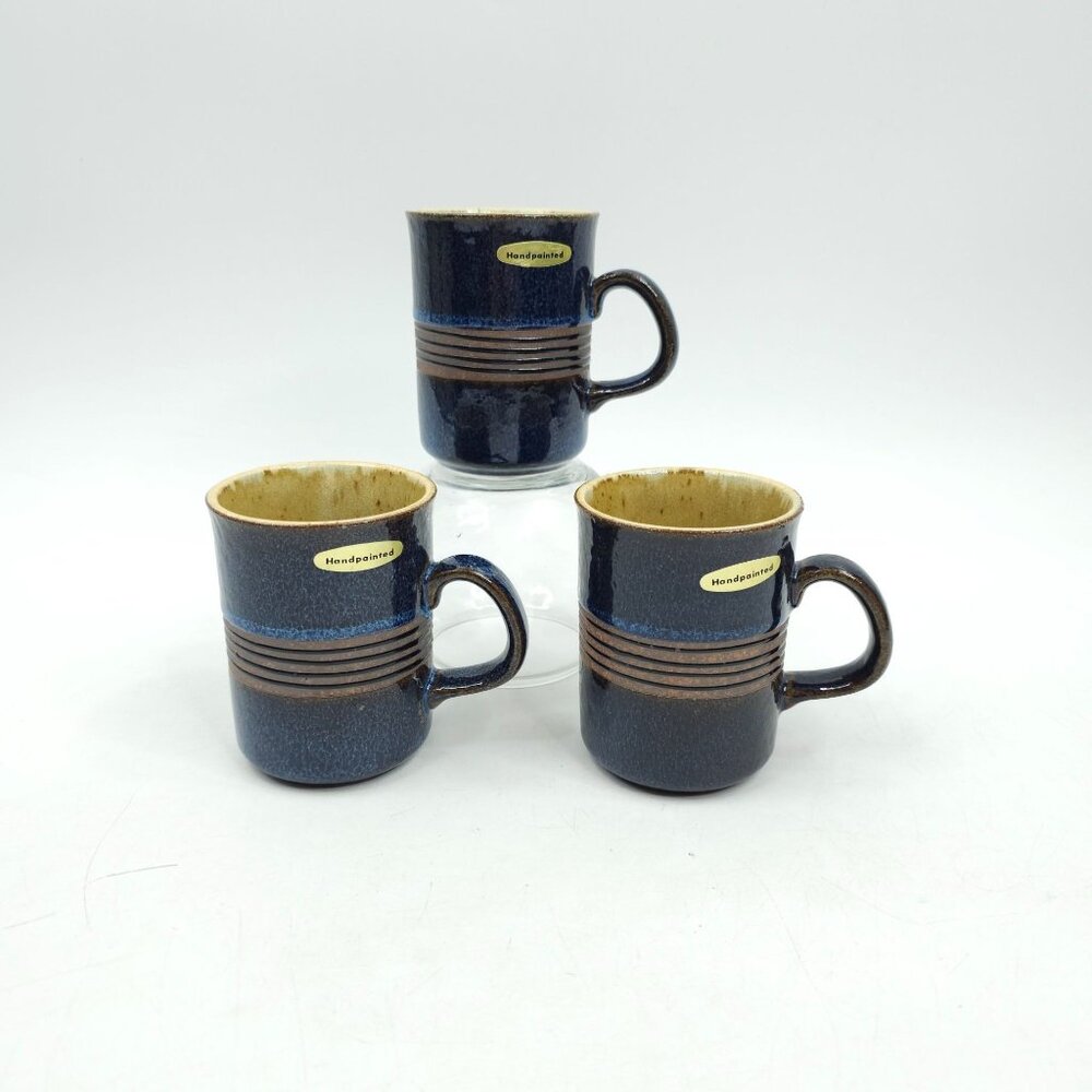 Otagiri Mugs Lot of 3 Blue Brown 9 oz Handpainted Hand Crafted Stoneware Stripe